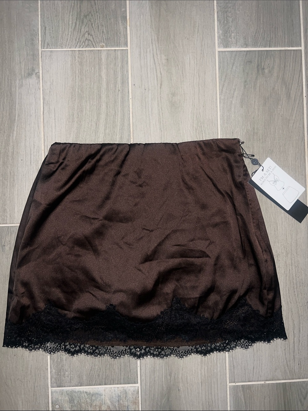 Lace Hem Satin Mini Skirt - Brown